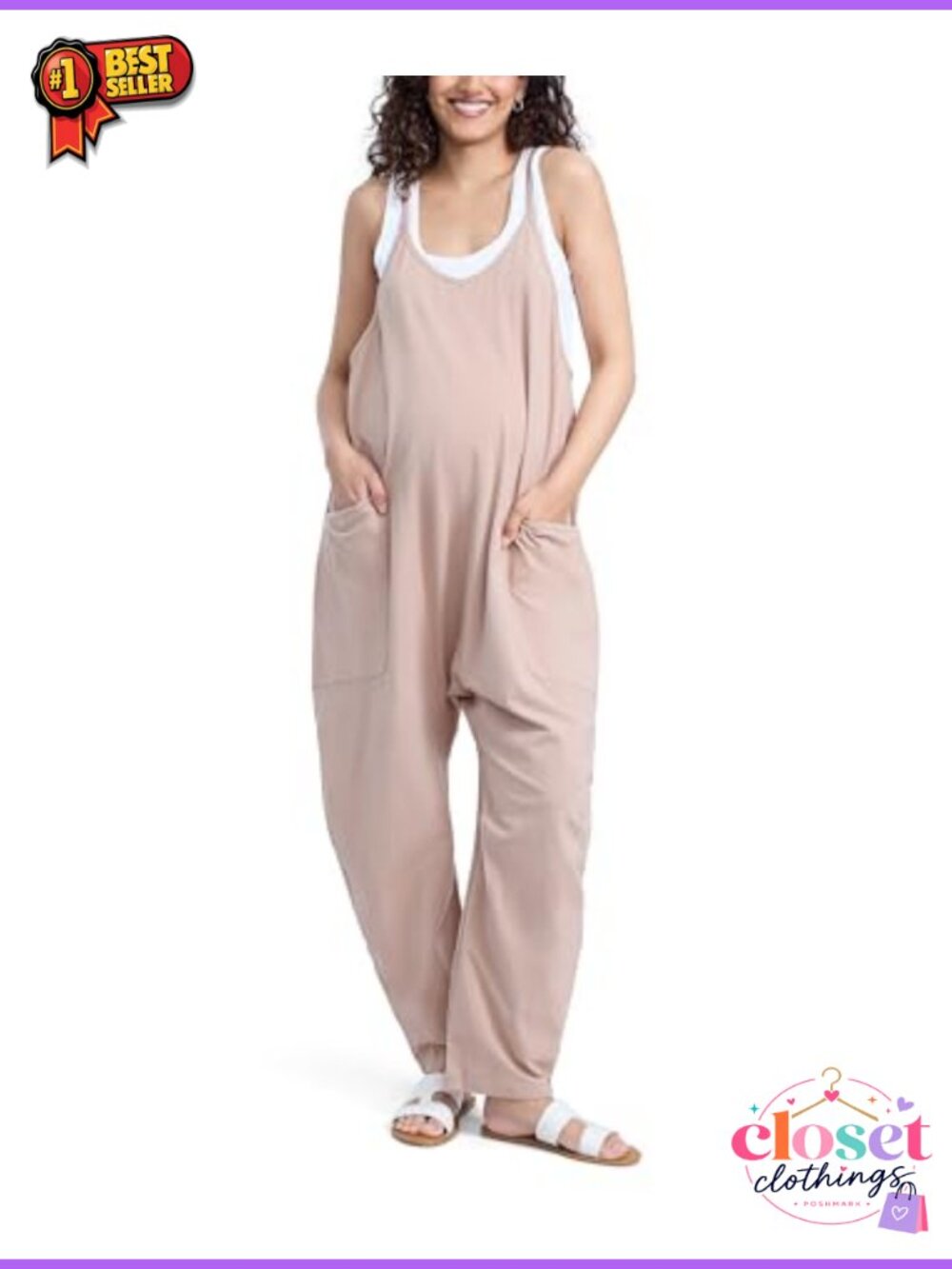 Sleeveless V-Neck Pregnancy Jumpsuit with Pockets Relaxed Fit
